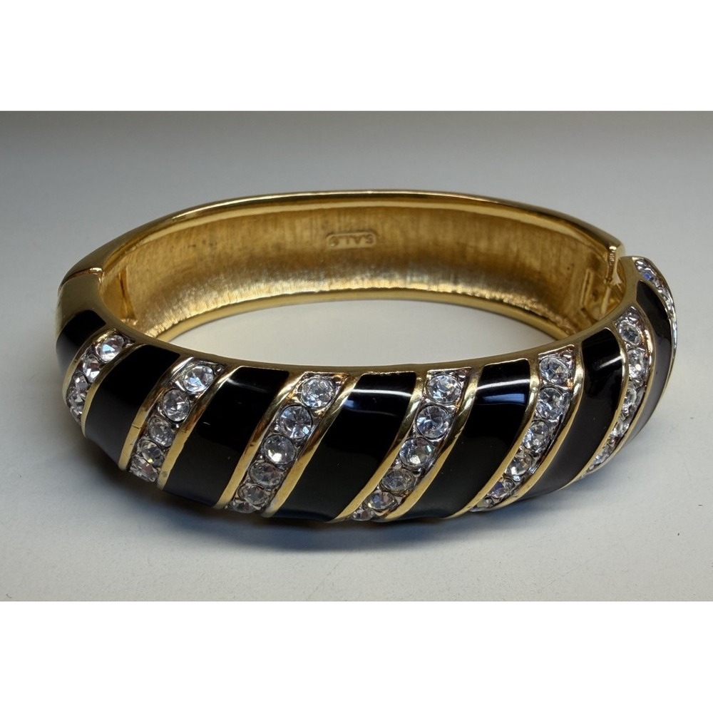 Vtg Swarovski SAL Signed Black Enamel Rhinestone Hinged Bangle Bracelet 7" 1980s